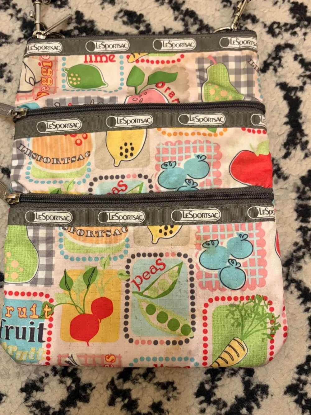 LeSportsac Fruit/ Veggie Farmers Market Three Zipper Crossbody Bag Purse Retired